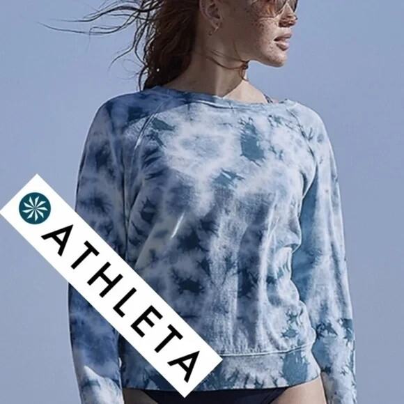Athleta Tops - ATHLETA Blue Tie Dye Sundown Sweatshirt Tee Long Banded Long Sleves Cotton M